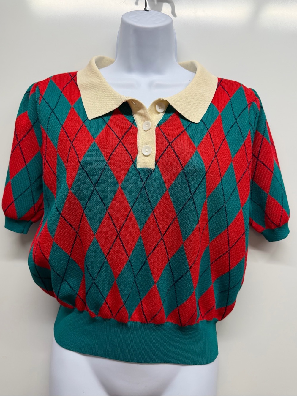SHEIN Red & Teal Knit Polo Sweater